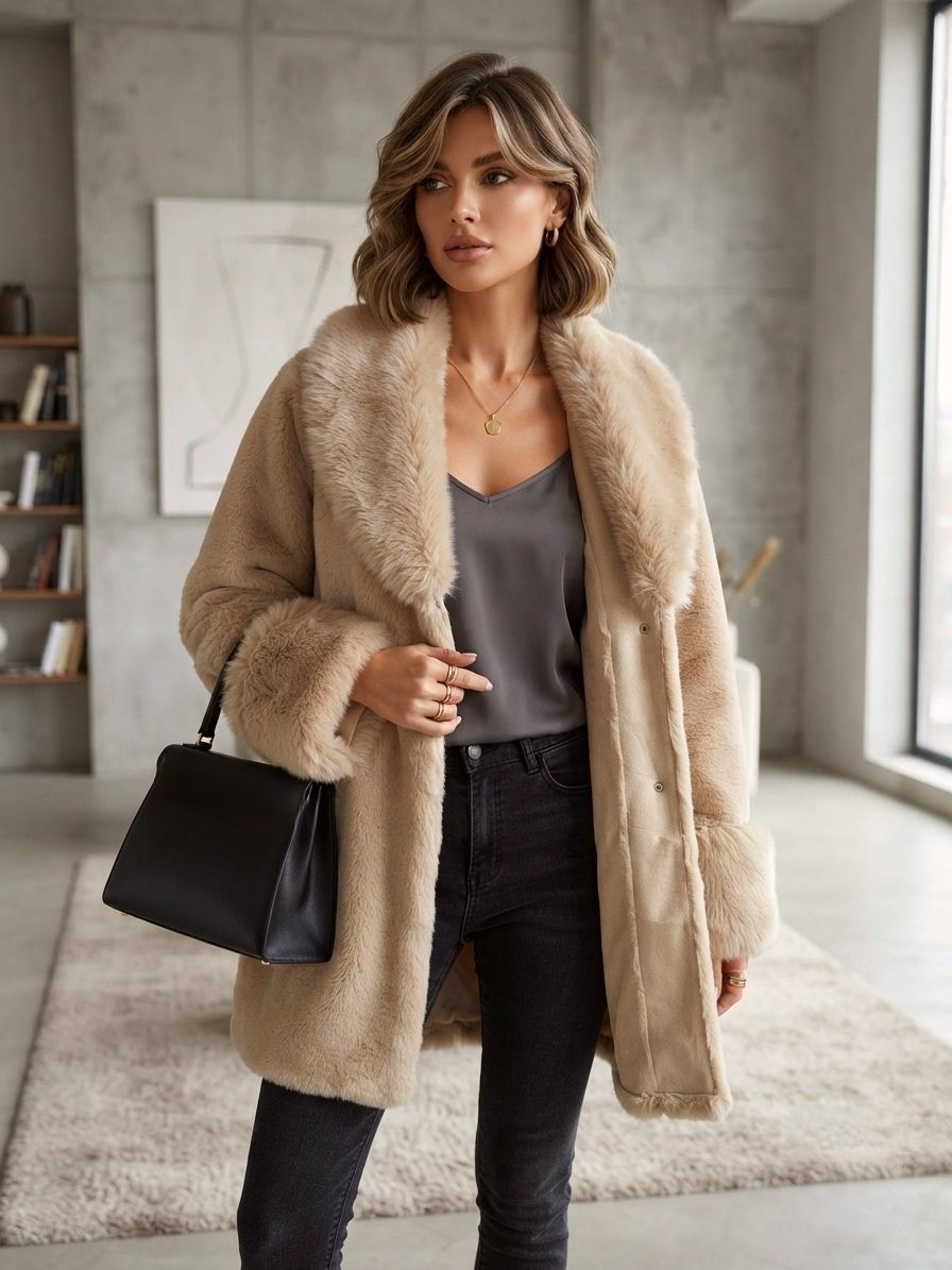 Manteau Ceinturé Fausse Fourrure Et Suédine(x3)
