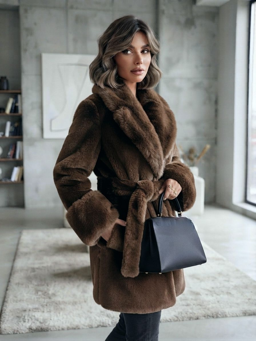 Manteau Ceinturé Fausse Fourrure Et Suédine(x3)