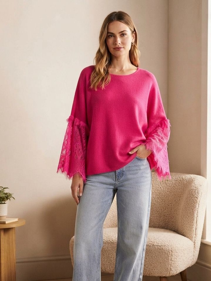 Pull loose à manches chauve-souris et empiècement en dentelle(x6)