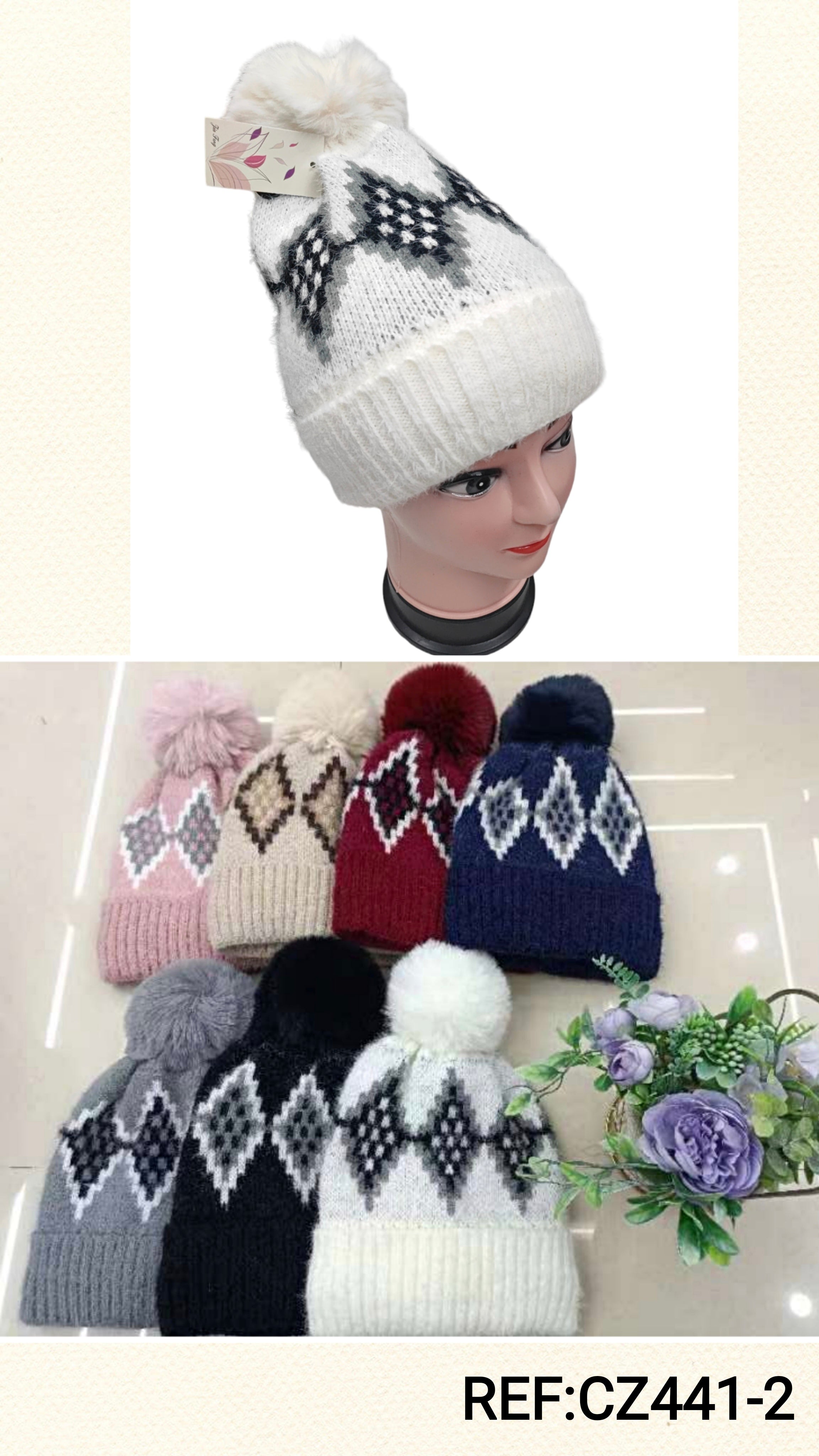 Bonnet Femme fourré pompon   (x12) #2