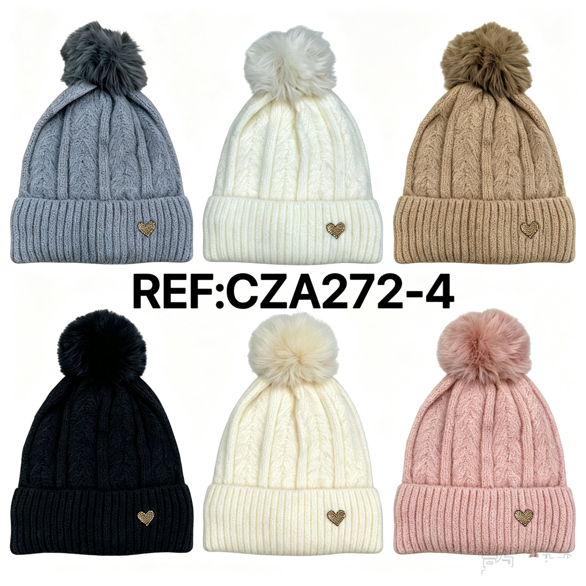 Bonnet tricot torsadé avec pompon et petit cœur (x12)#4