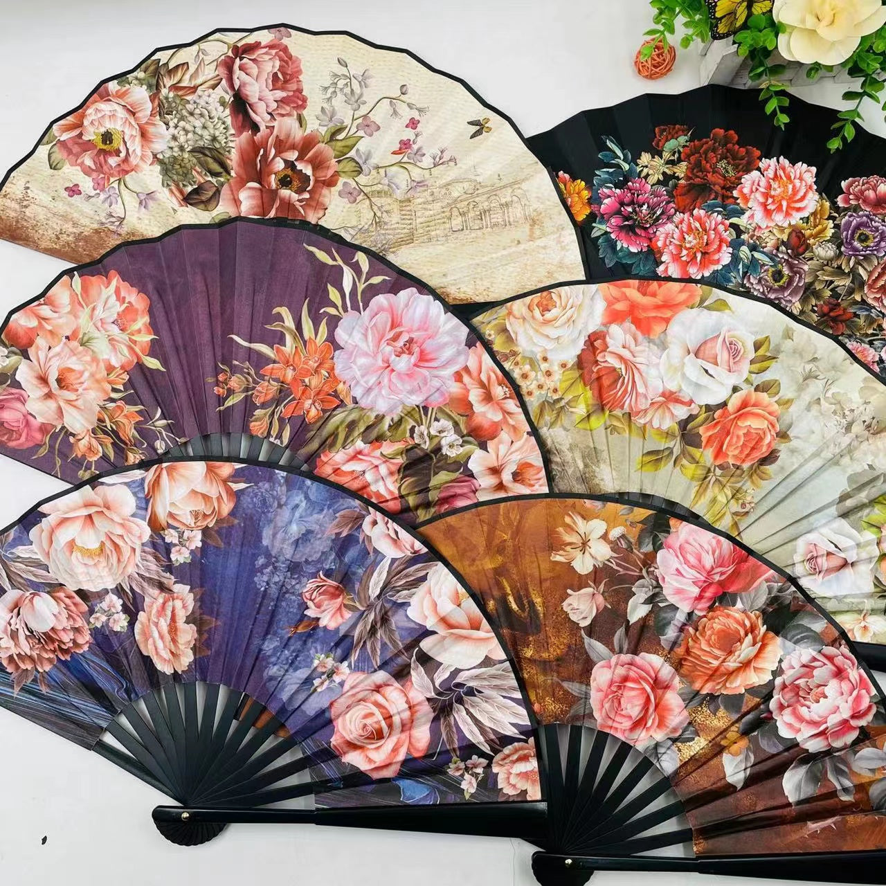 Éventails motif fleur double face (x12)#25