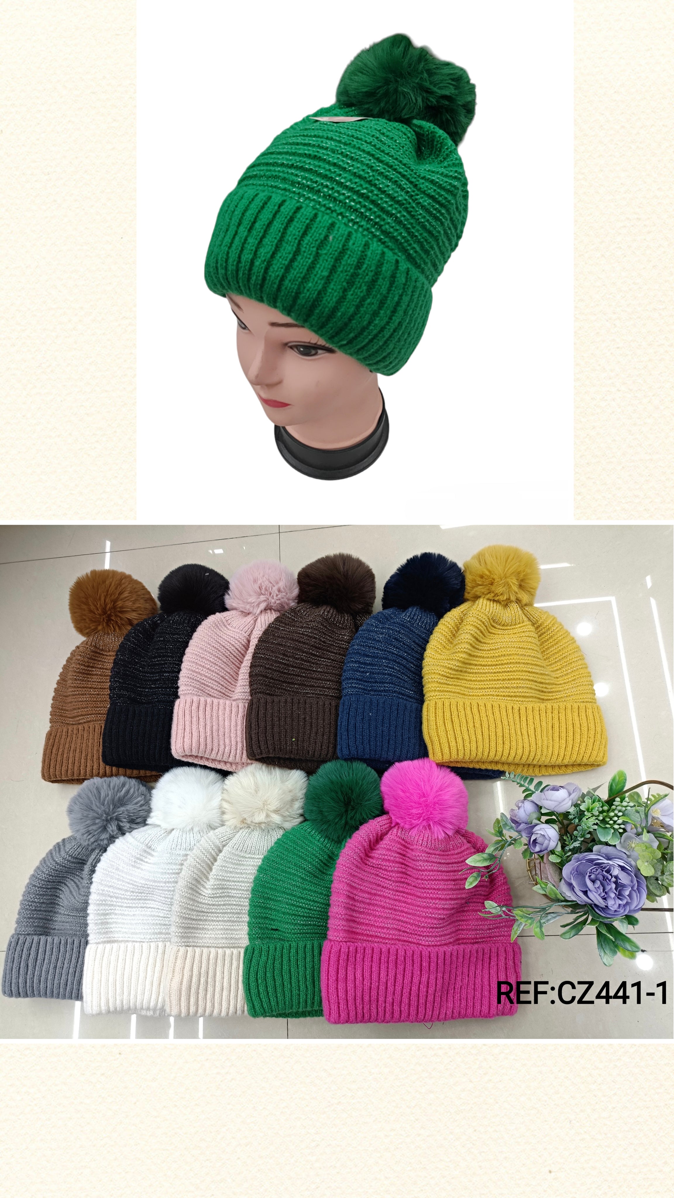 Bonnet Femme fourré pompon   (x12) #1