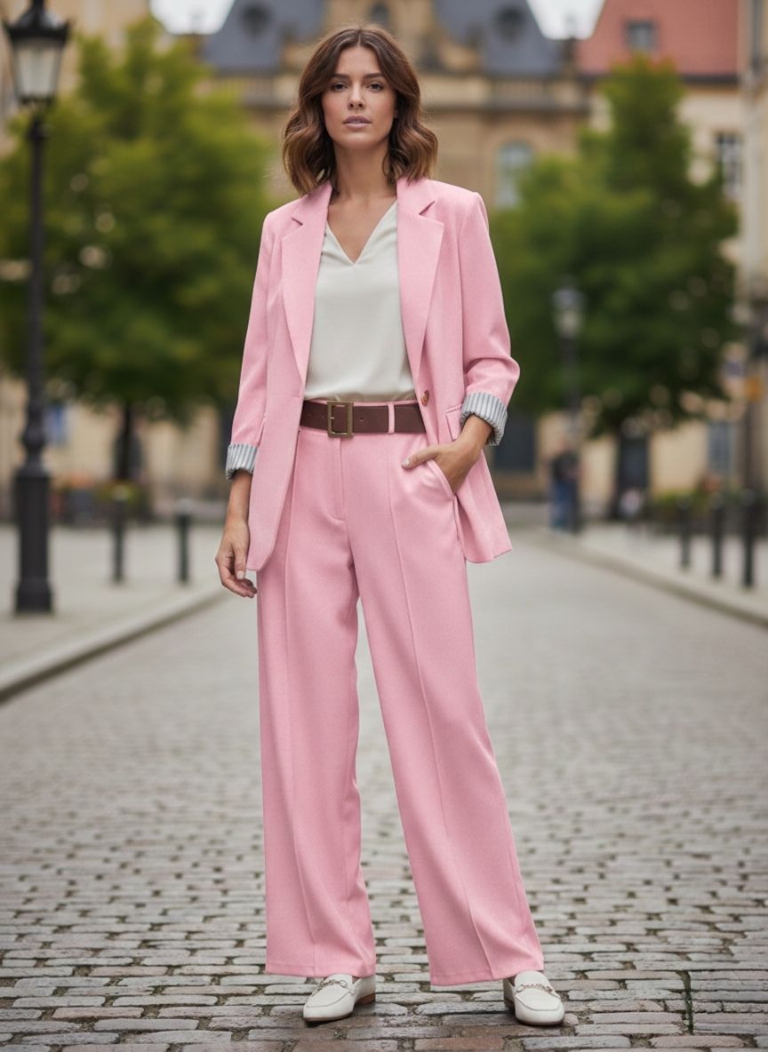Un Tailleur-Pantalon Coupe Large.
Blazer Avec Un Bouton Doré Et Pantalon Avec Ceinture. La Doublure À Rayures (x4)