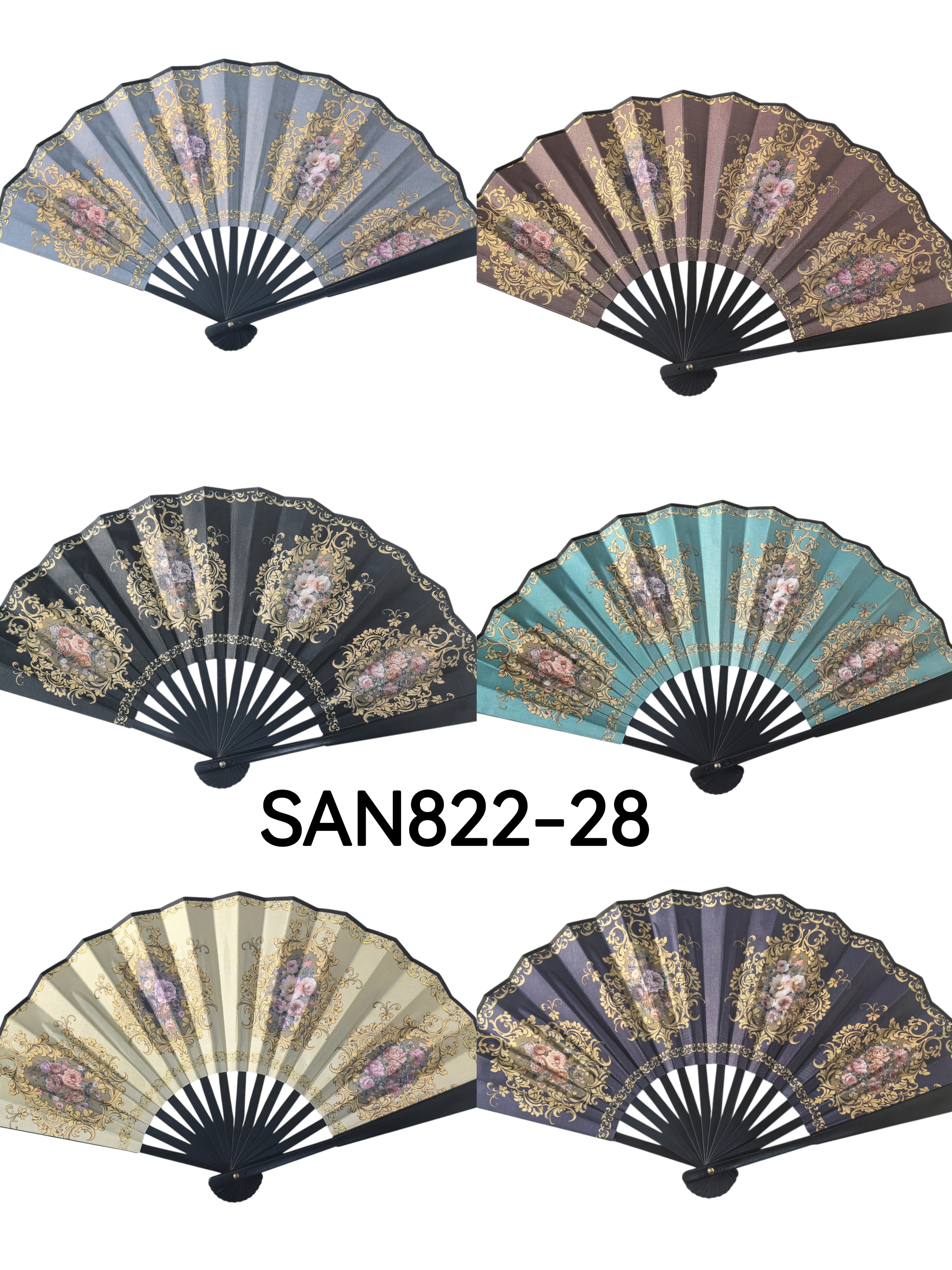 Éventail Pliant Style Baroque Français - Motifs Floraux Dorés (x12)#28