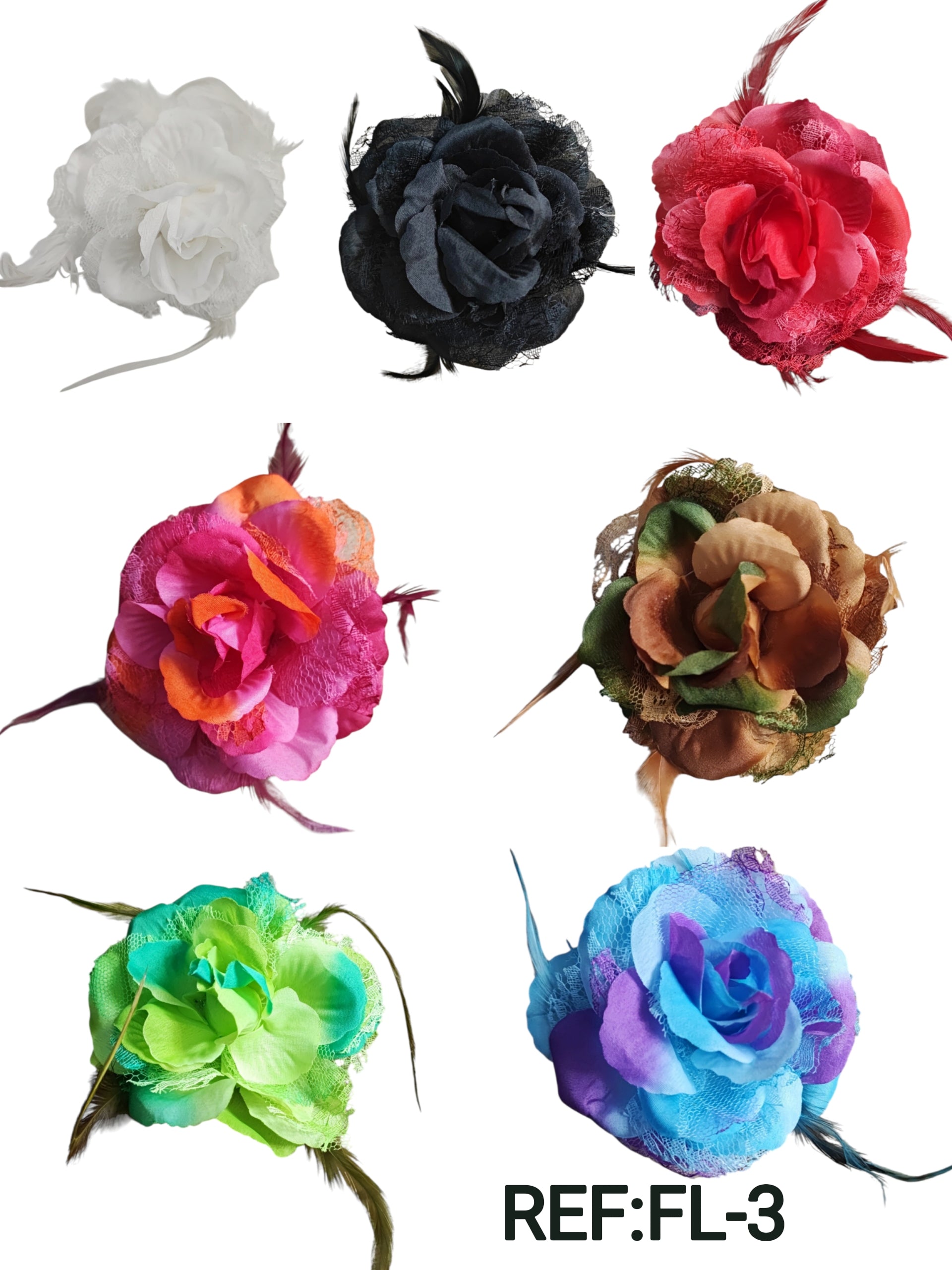 Barrette fleur avec plumes – épingle de corsage + élastique + pince (x12)#3