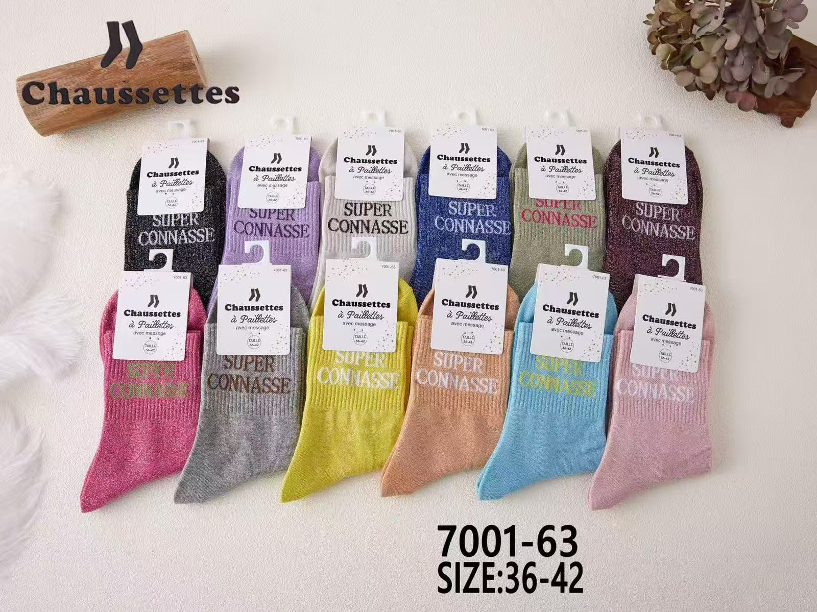 chaussette paillettes avec message(×12)7001