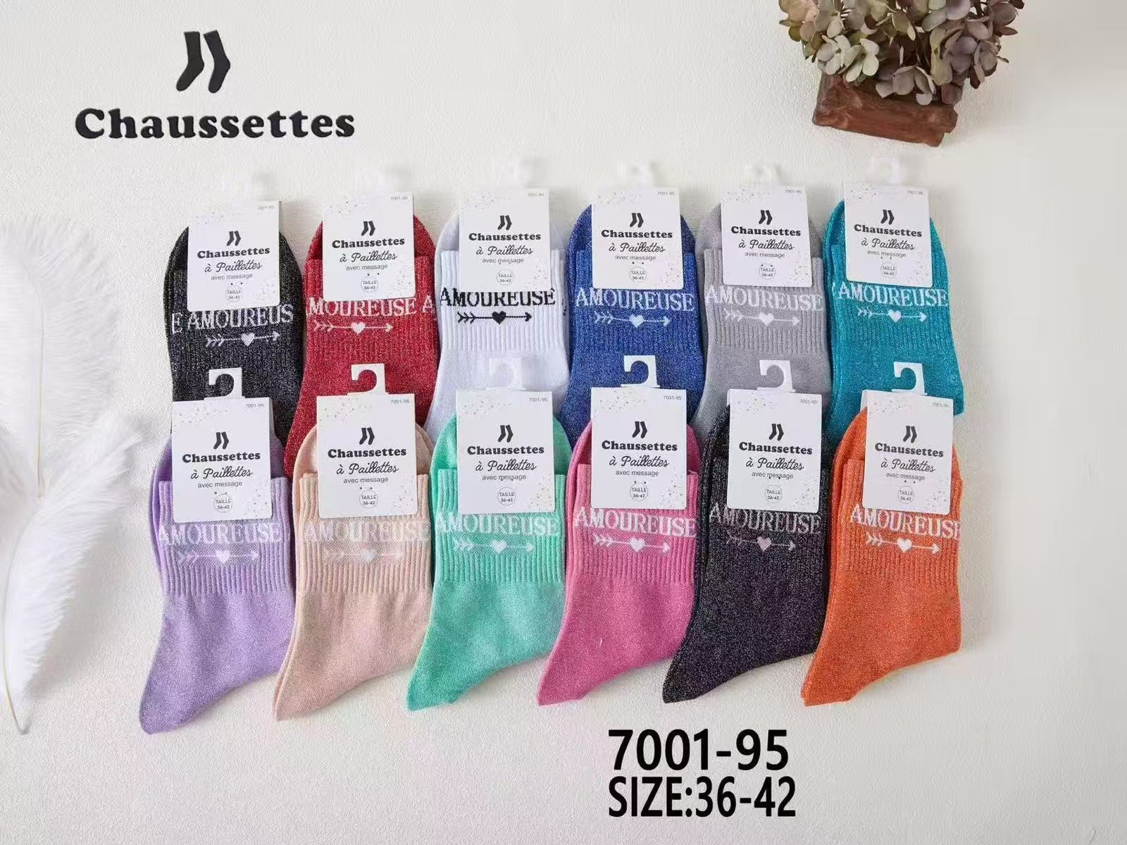 chaussette paillettes avec message(×12)7001