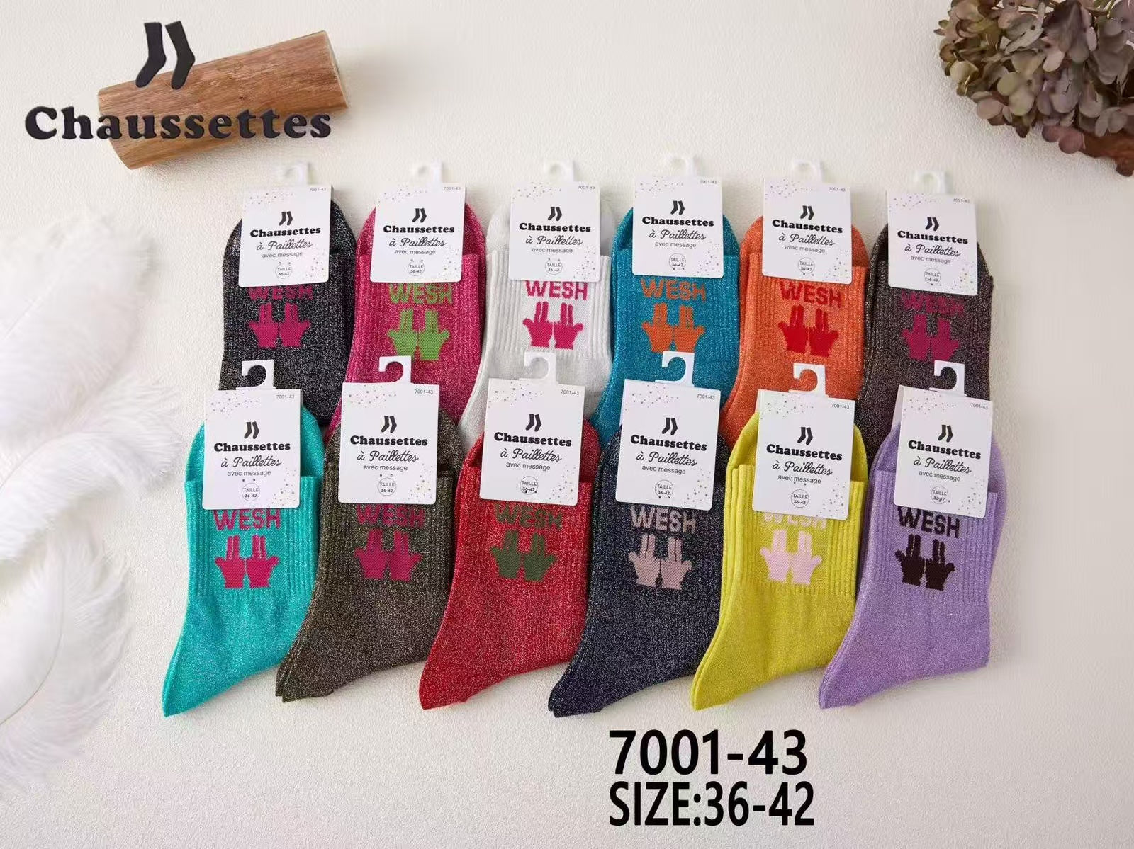 chaussette pailletee avec message(×12)#43