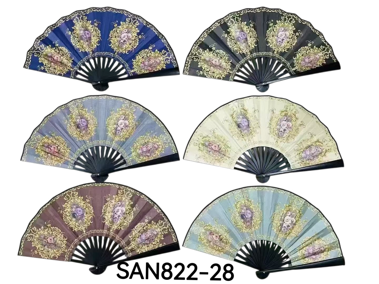 Éventail Pliant Style Baroque Français - Motifs Floraux Dorés (x12)#28