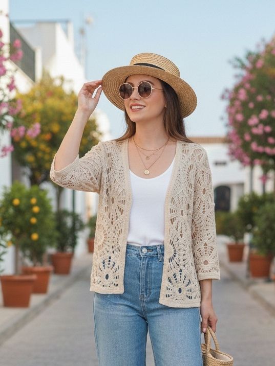 Gilet en crochet ajouré à motifs floraux(x6)
