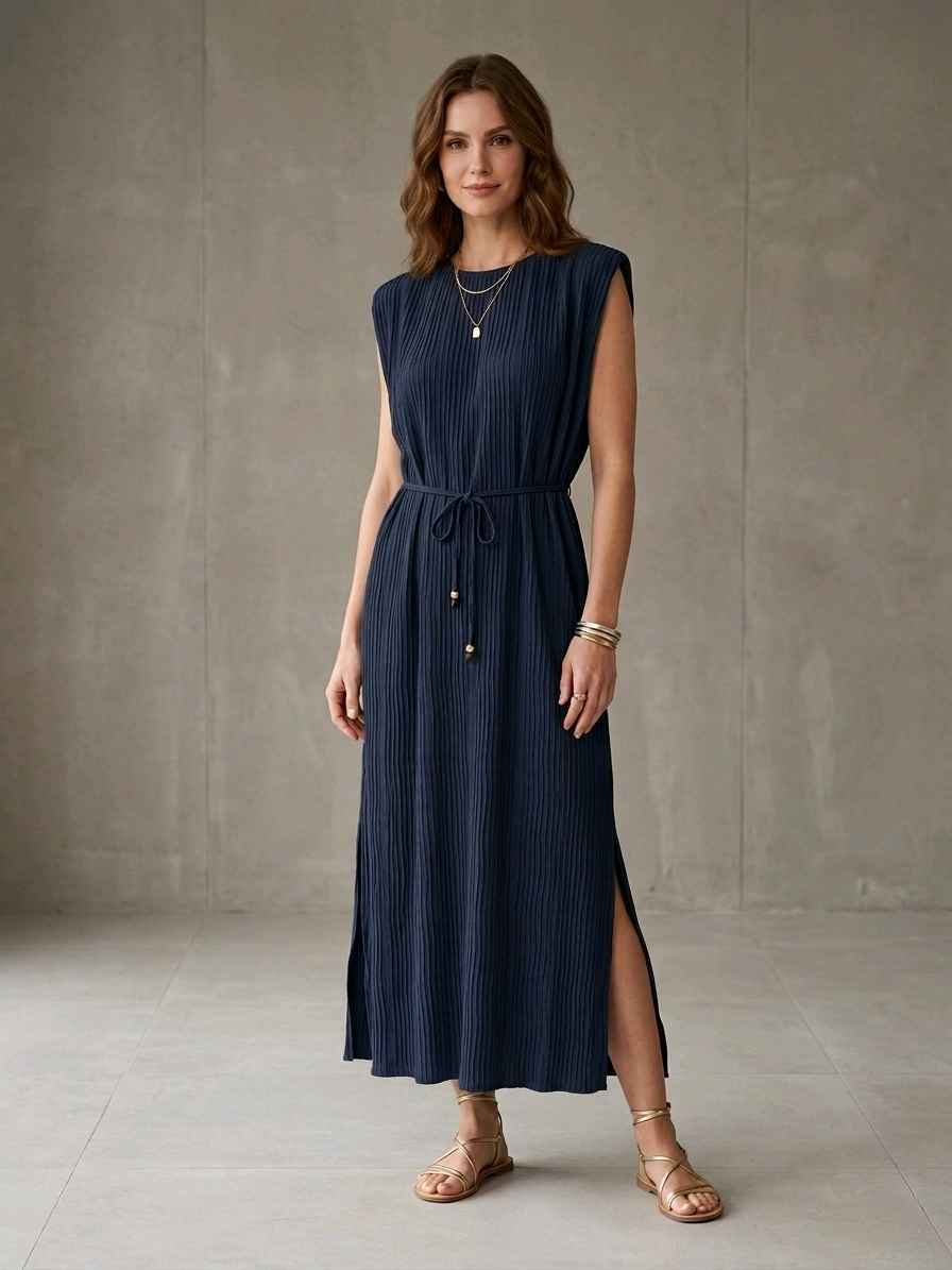 Robe longue plissée avec épaulettes col Élastiqué(x8)