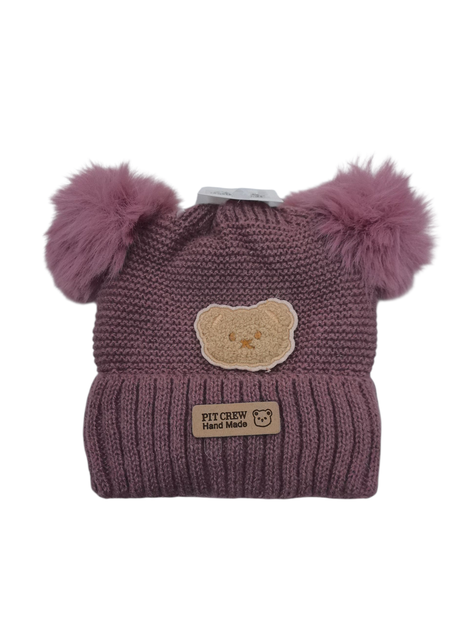Bonnet double pompon motif ours (x12)