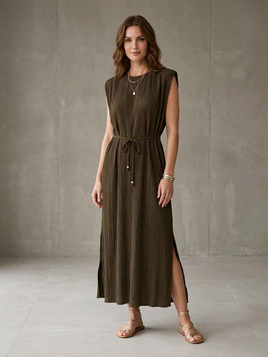 Robe longue plissée avec épaulettes col Élastiqué(x8)