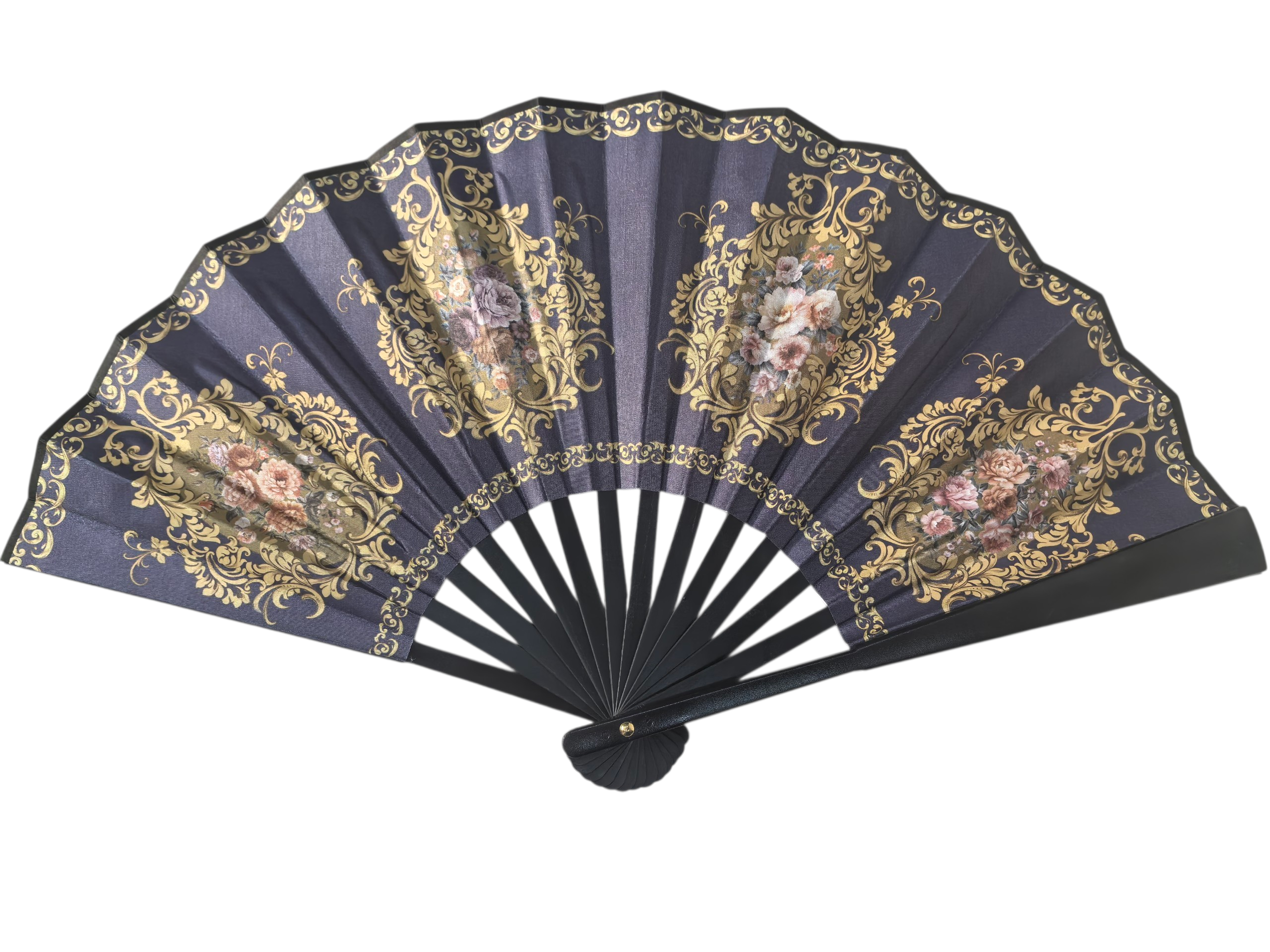Éventail Pliant Style Baroque Français - Motifs Floraux Dorés (x12)#28