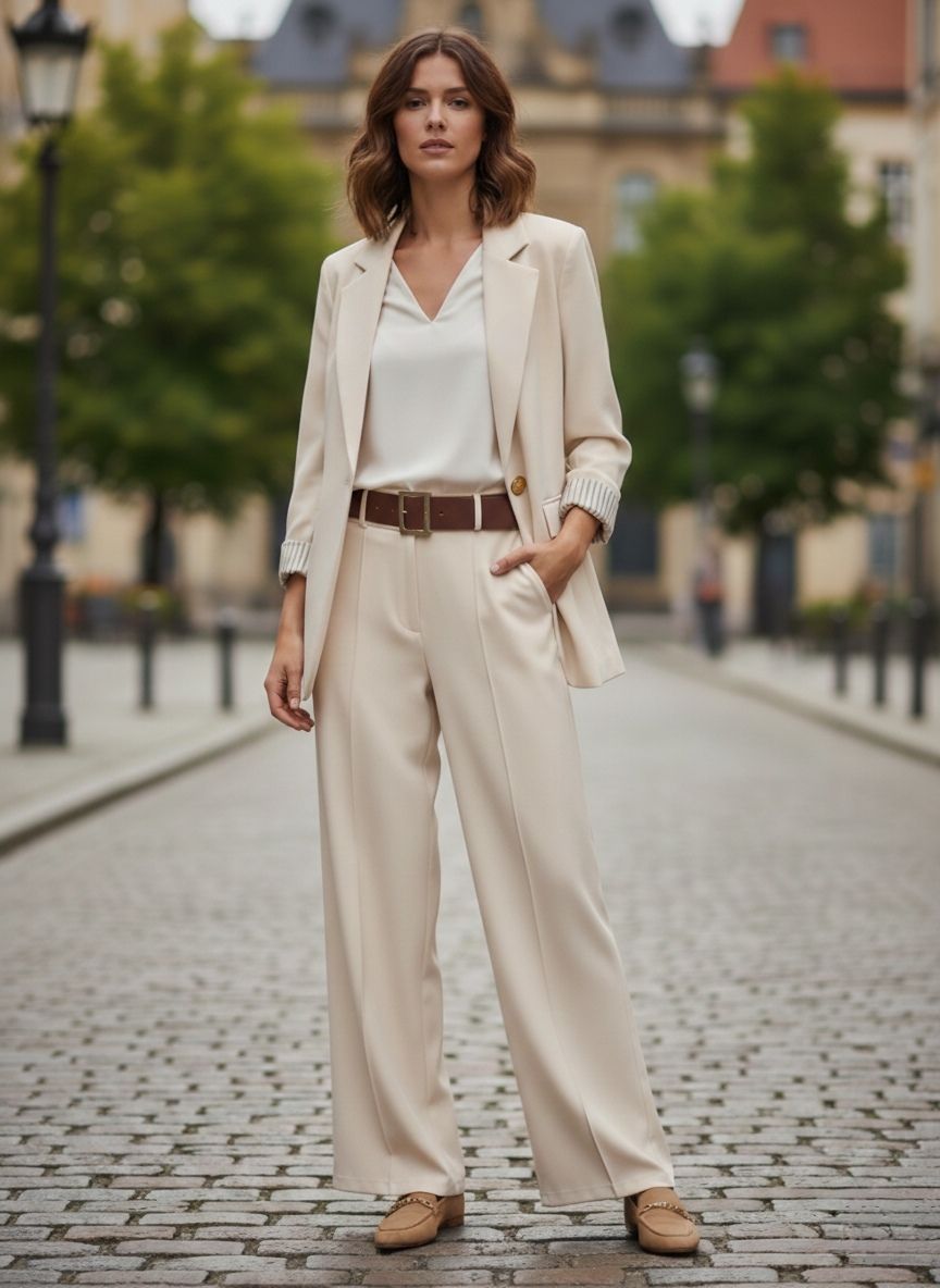 Un Tailleur-Pantalon Coupe Large.
Blazer Avec Un Bouton Doré Et Pantalon Avec Ceinture. La Doublure À Rayures (x4)