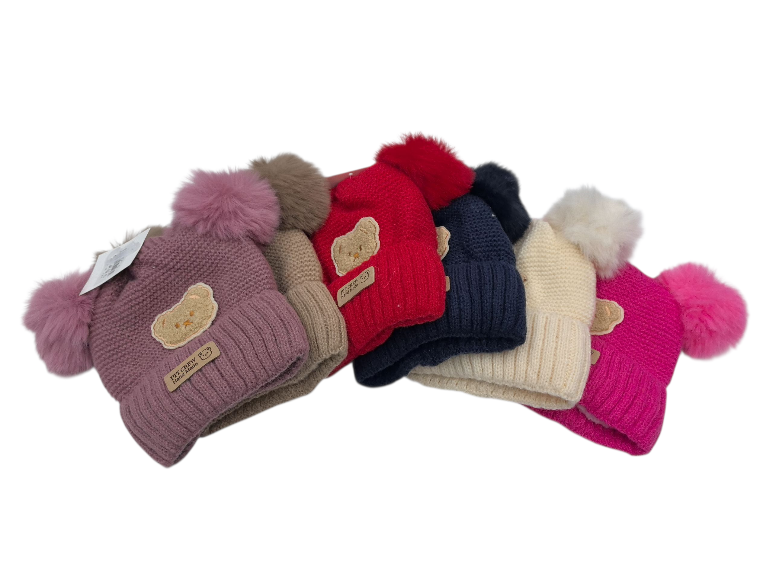 Bonnet double pompon motif ours (x12)