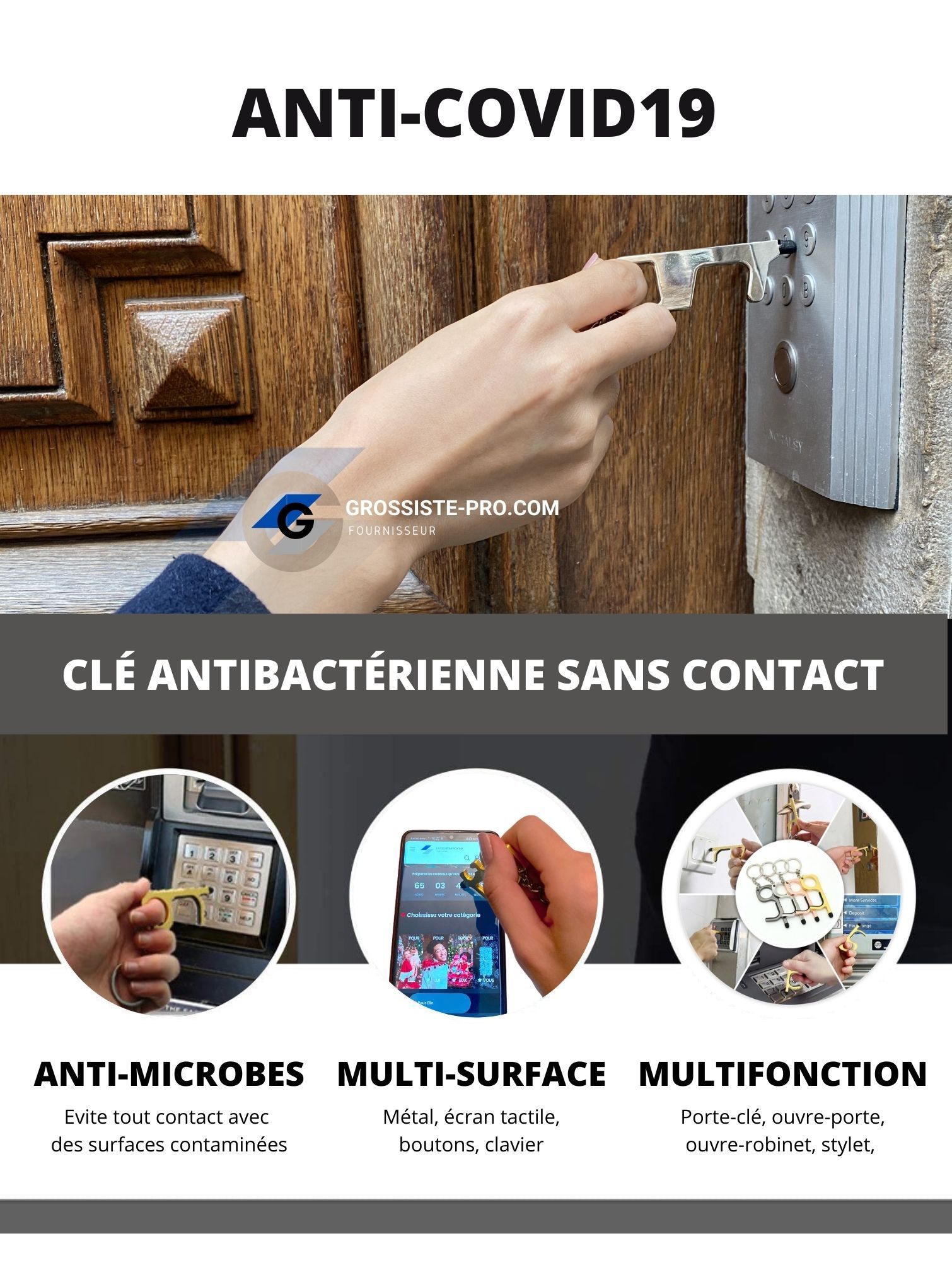 ANTI-COVID19 - Porte-clé "sans-contact" S Décapsuleur (x12) 1,50€/unité | Grossiste-pro