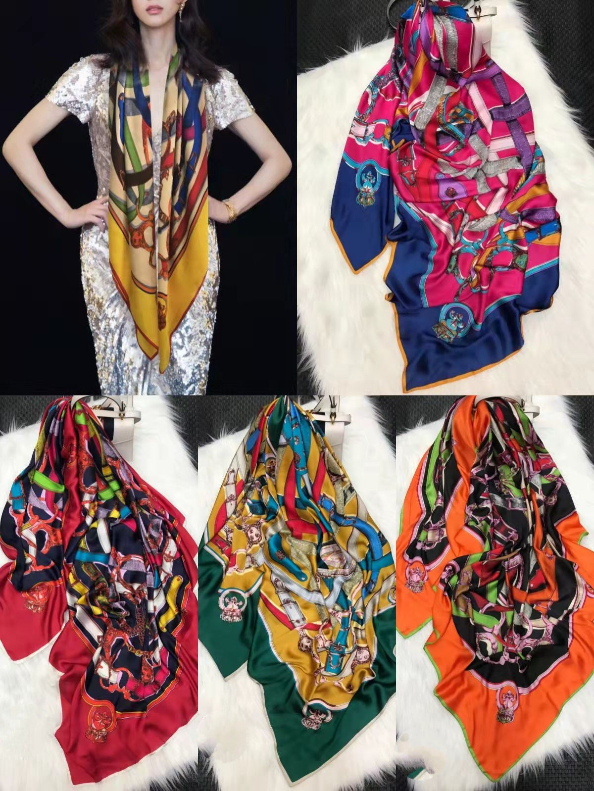 Foulard Carré touche soie motif ceinture 130cm (x6)#18