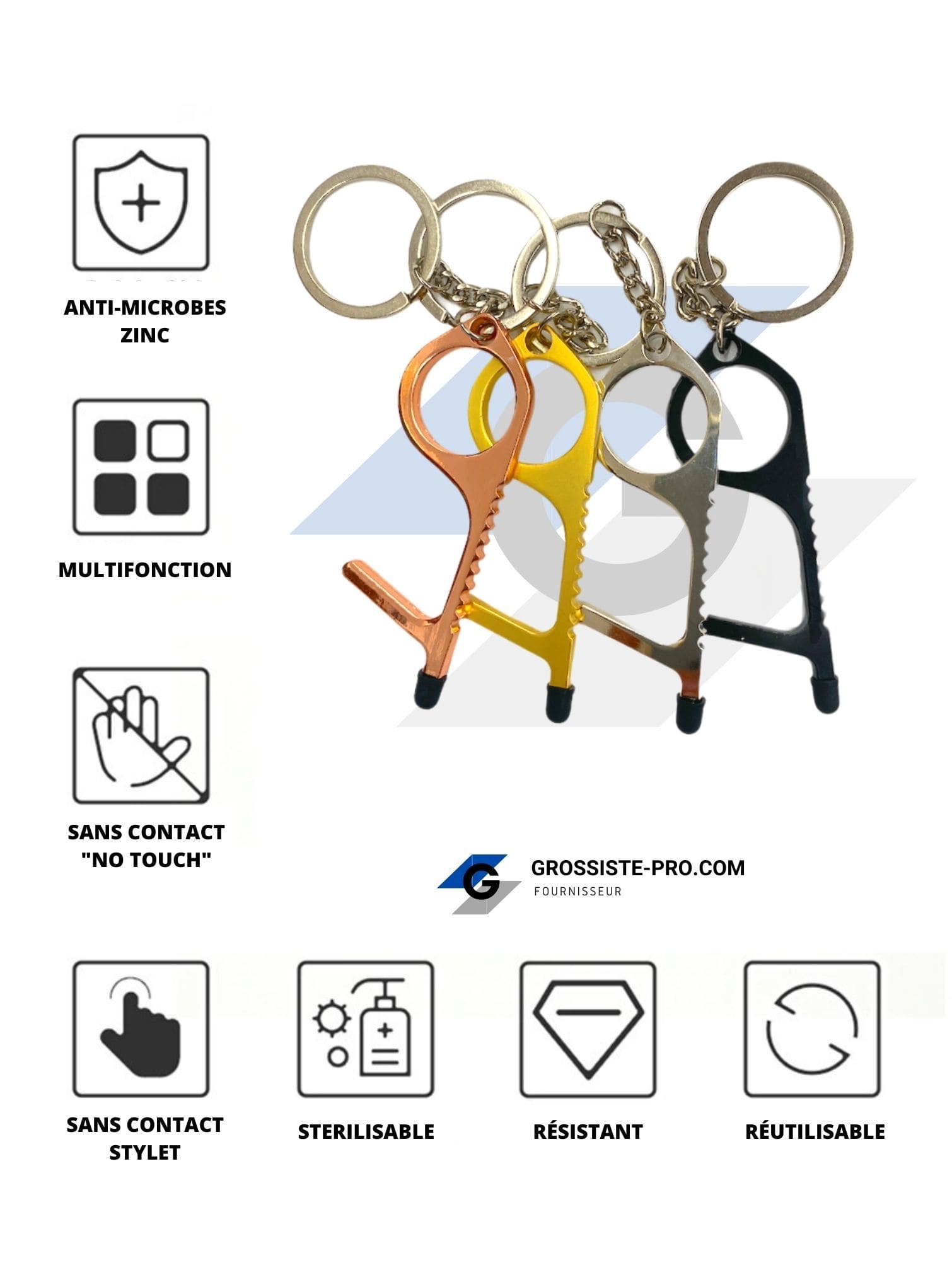 ANTI-COVID19 - Porte-clé "sans-contact" forme simple (x12) 1,50€/unité | Grossiste-pro