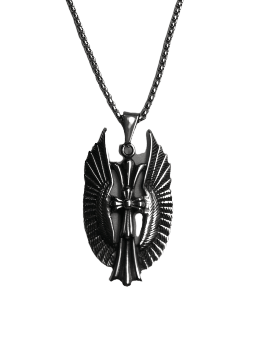 HOMME - LOT DE 2 - Collier pendentif croix ailes acier inoxydable 5,00€/unité | Grossiste-pro