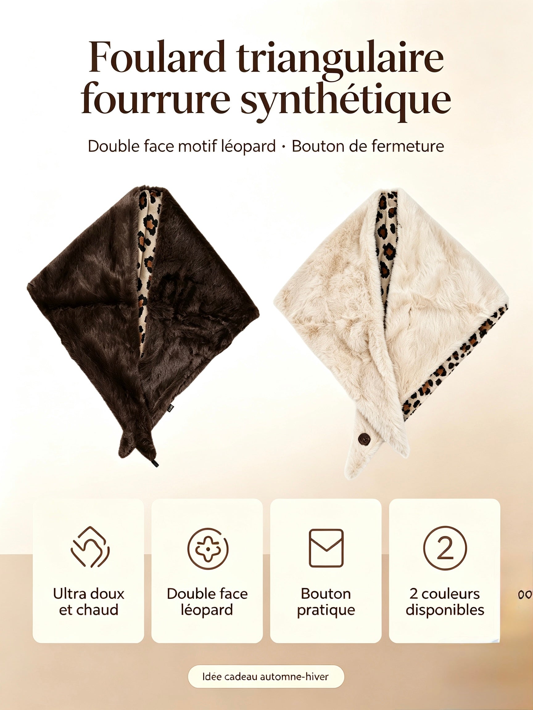 Foulard triangulaire fourrure synthétique double‑face léopard (x6)