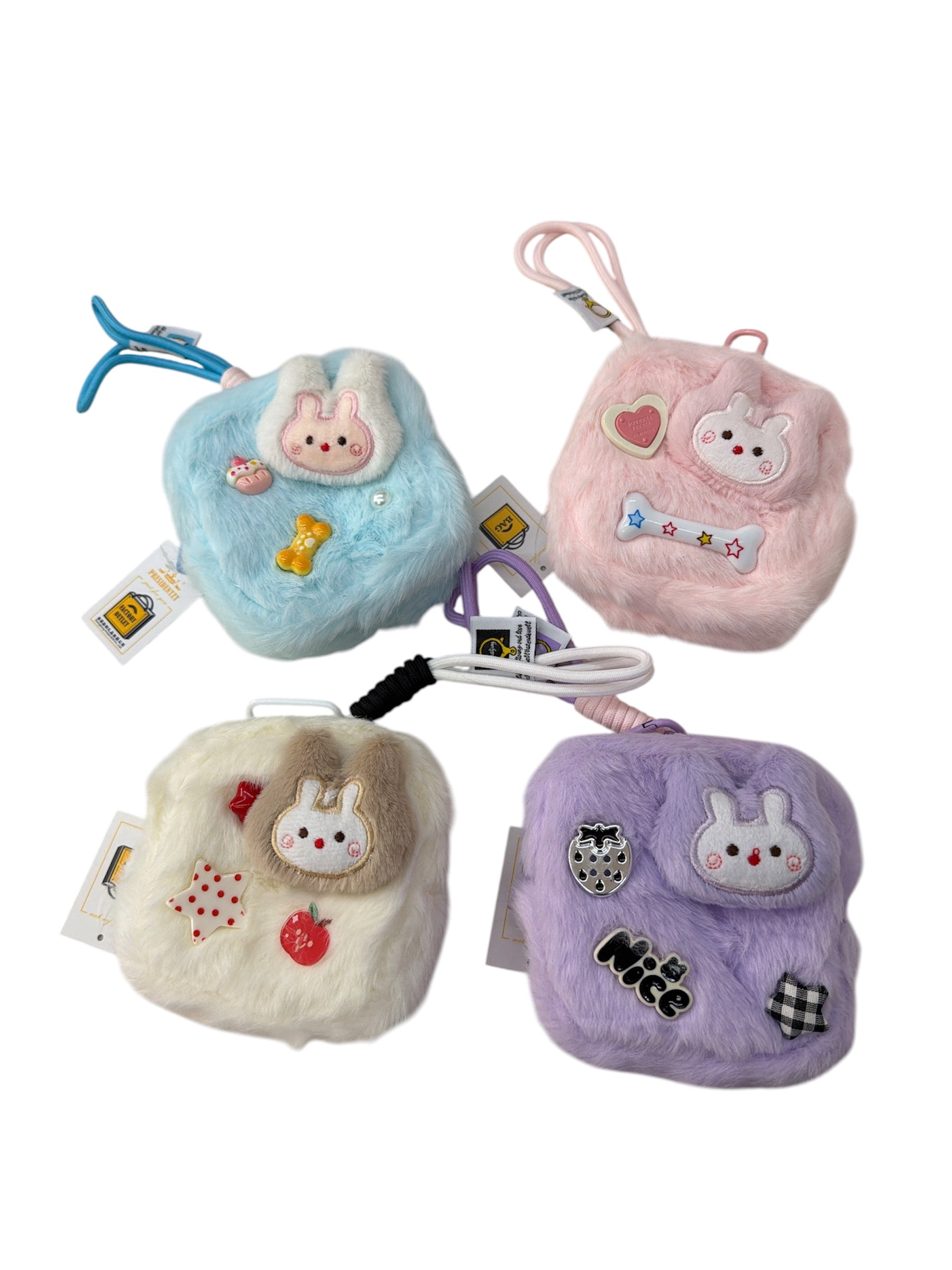 Pochette carrée en peluche lapin mignon, mini sac porte‑clefs（x12)