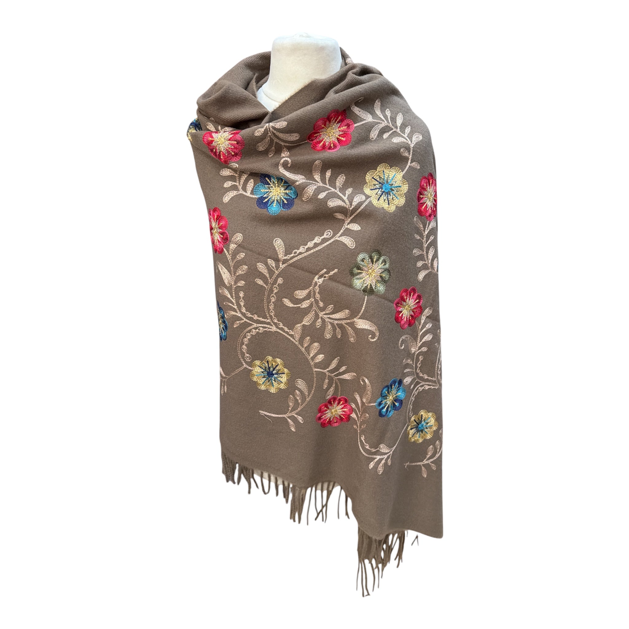 Grande écharpe‑châle à broderies florales colorées. (X8)