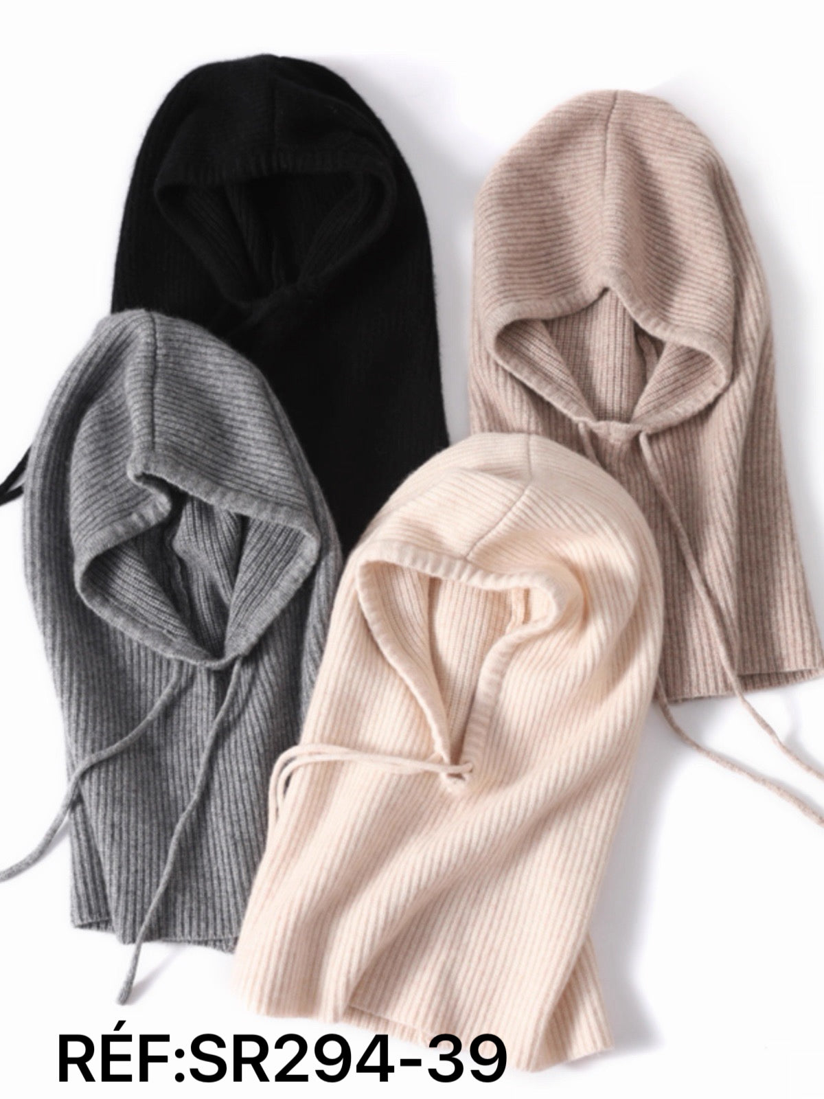 Cagoule bonnet écharpe tricotée à cordon ajustable (x12)
