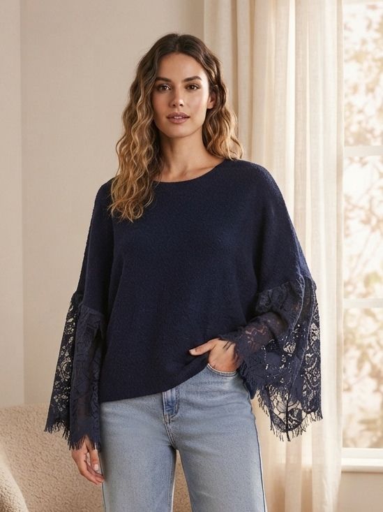 Pull loose à manches chauve-souris et empiècement en dentelle（x6)