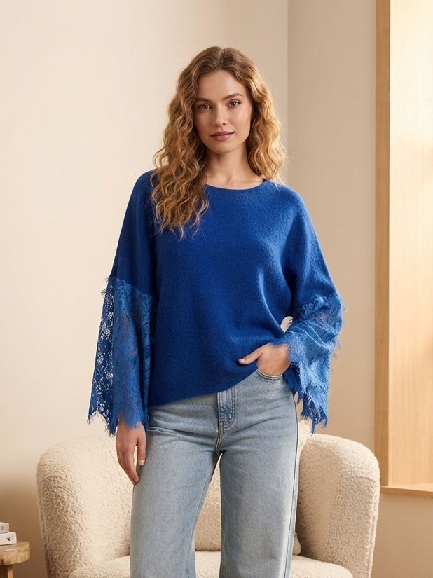 Pull loose à manches chauve-souris et empiècement en dentelle（x6)