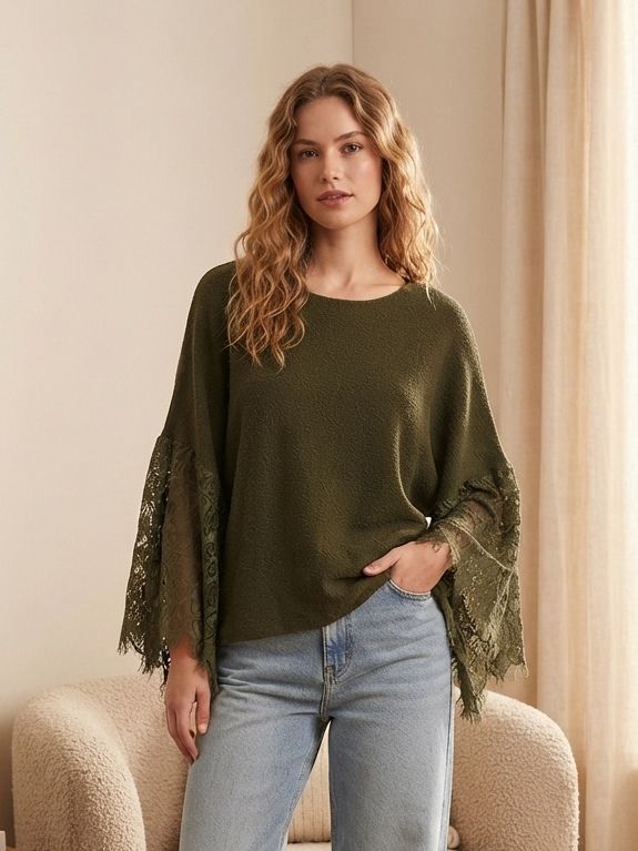 Pull loose à manches chauve-souris et empiècement en dentelle（x6)