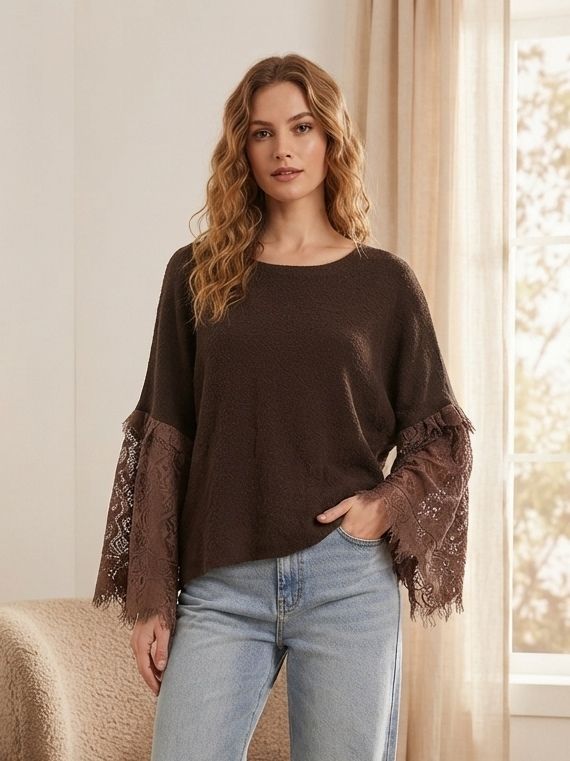 Pull loose à manches chauve-souris et empiècement en dentelle（x6)