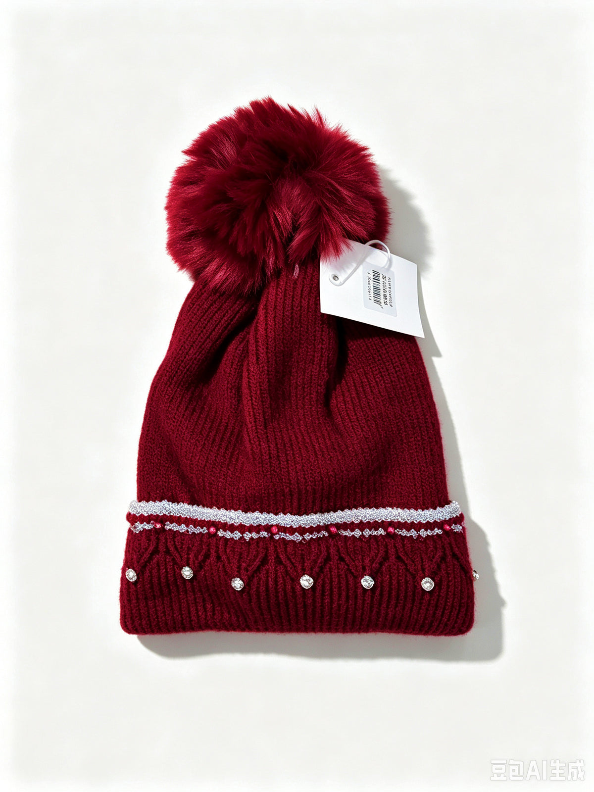 Bonnet en tricot doux avec pompon et strass(x12)