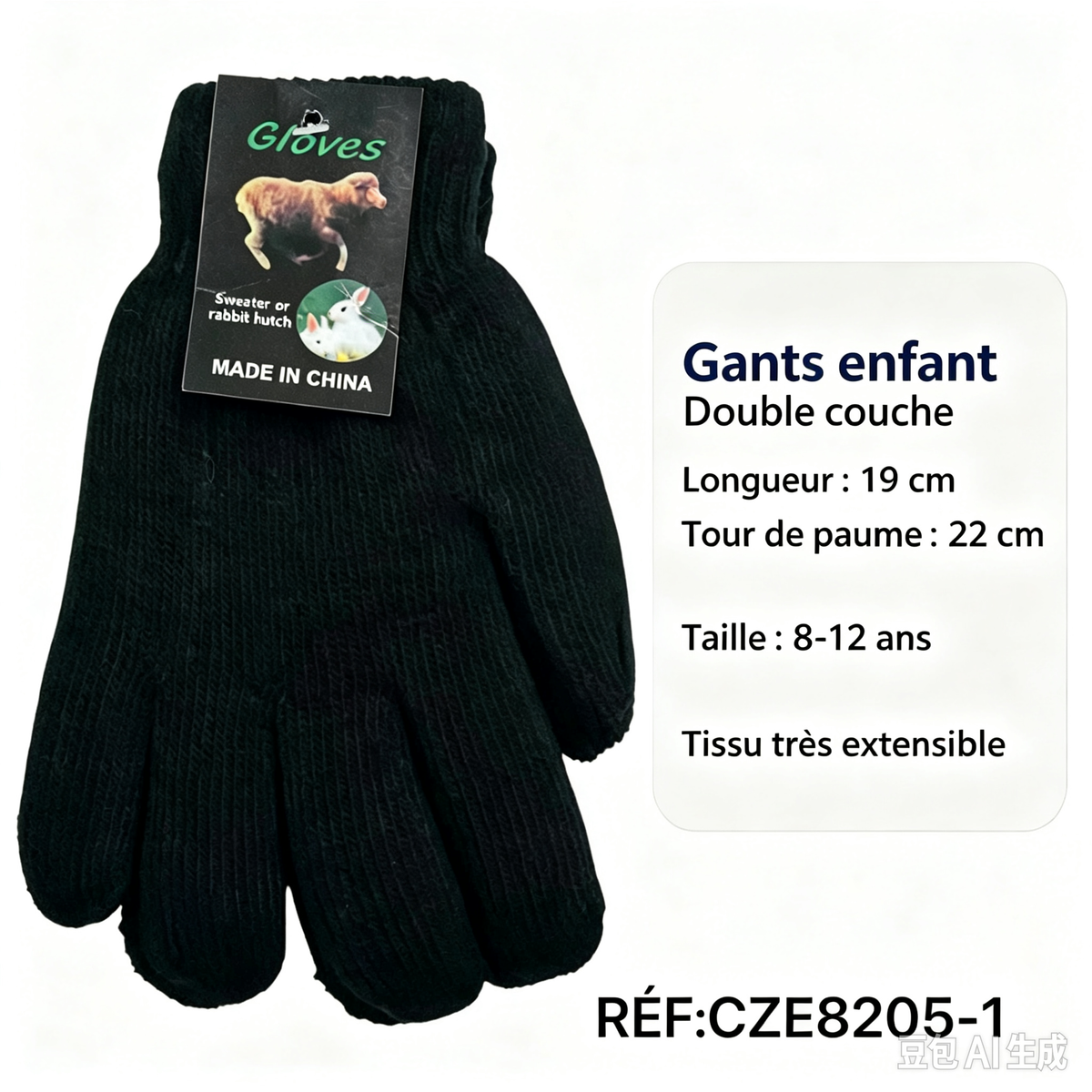 Gants d'enfants tricotés chauds doublés noir(x12)E1