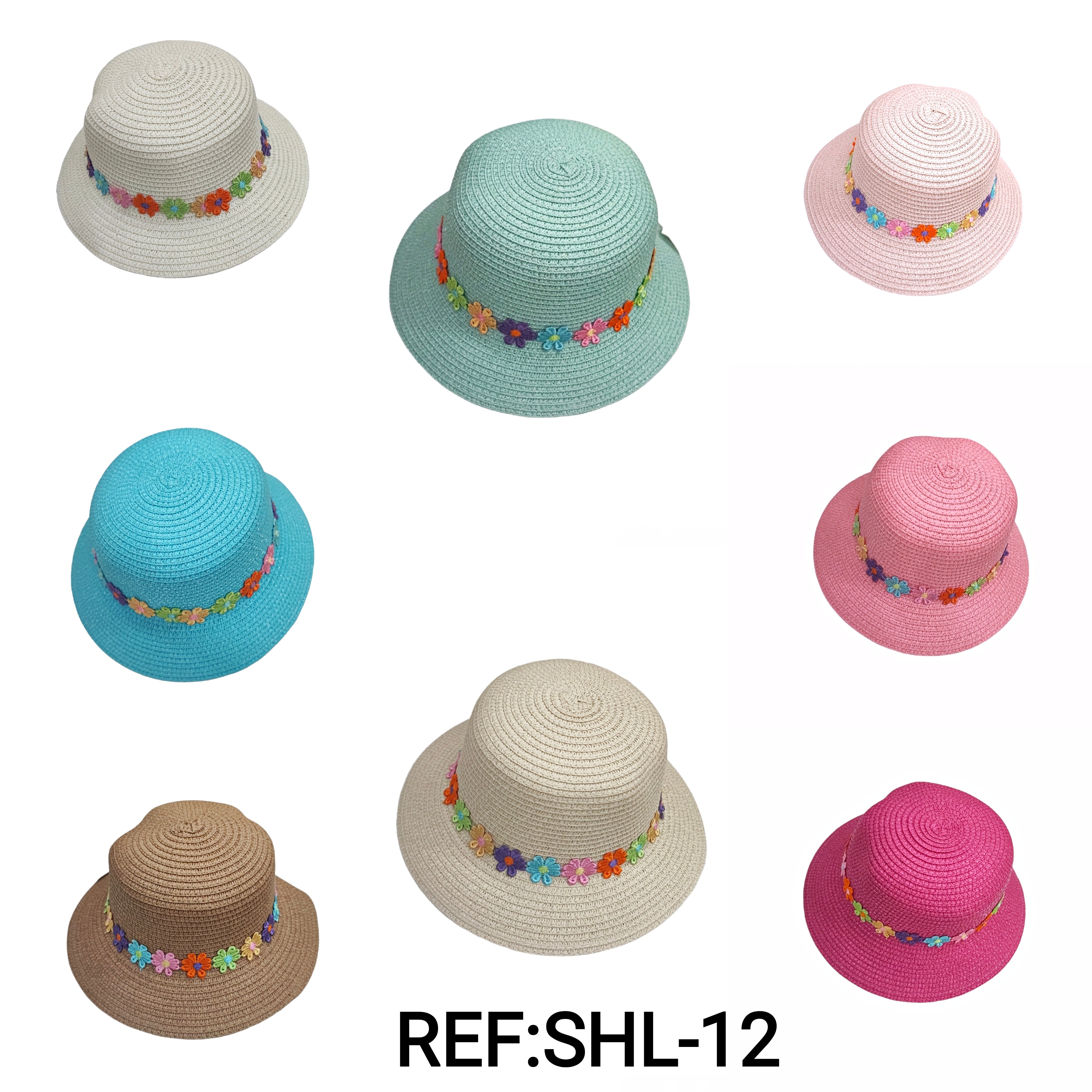 Child size straw hats with small flower pattern (x12)