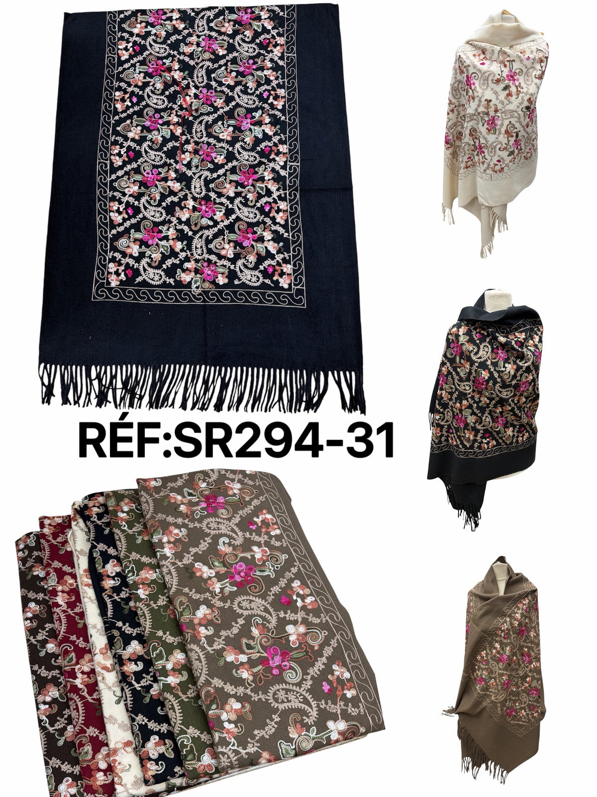 Grande écharpe‑châle à broderies florales colorées. (X10）