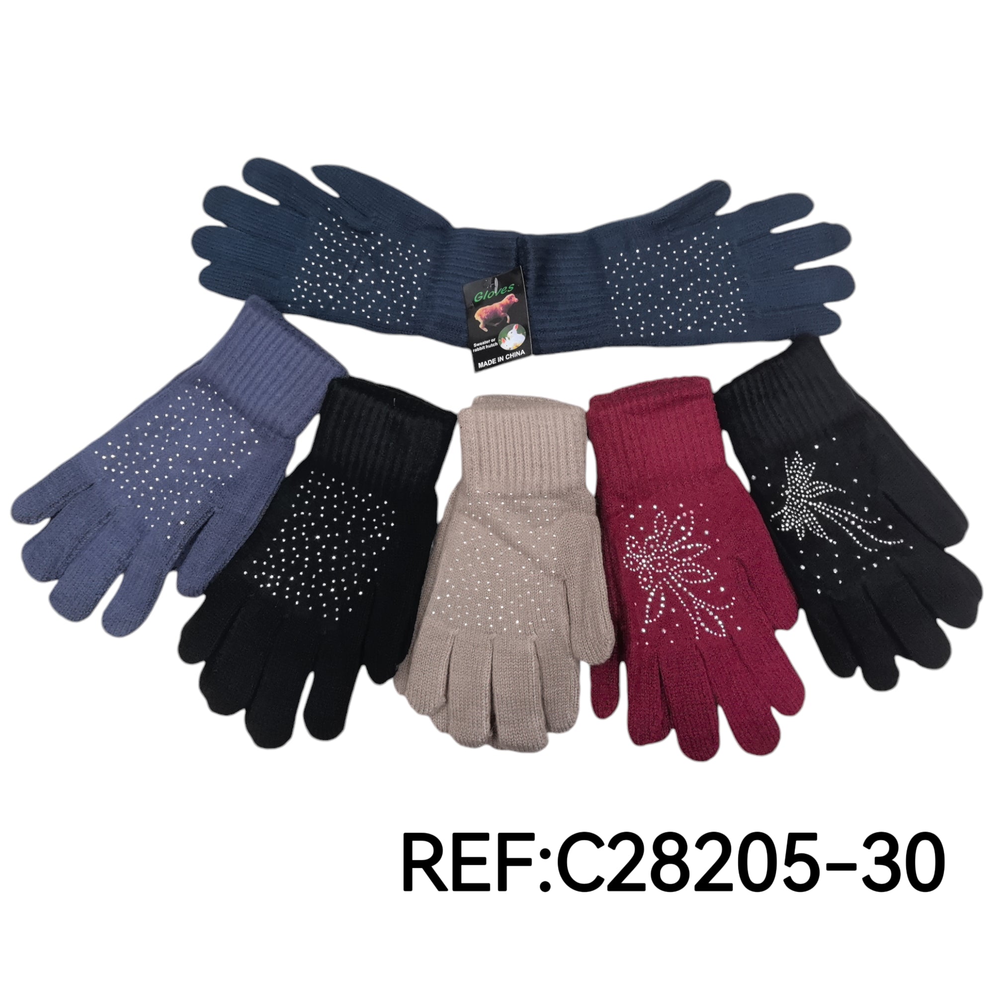 Gants Femme motif strass fleur (x12)