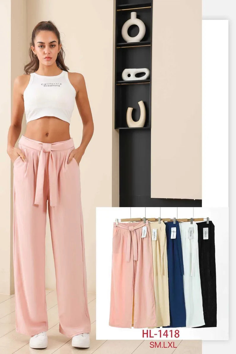 Pantalon fluide ceinture nouée couleur pastel (x12)