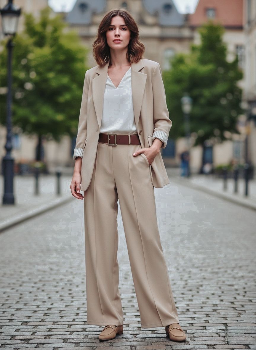 Un Tailleur-Pantalon Coupe Large. 
Blazer Avec Un Bouton Doré Et Pantalon Avec Ceinture. La Doublure À Rayures (x4)