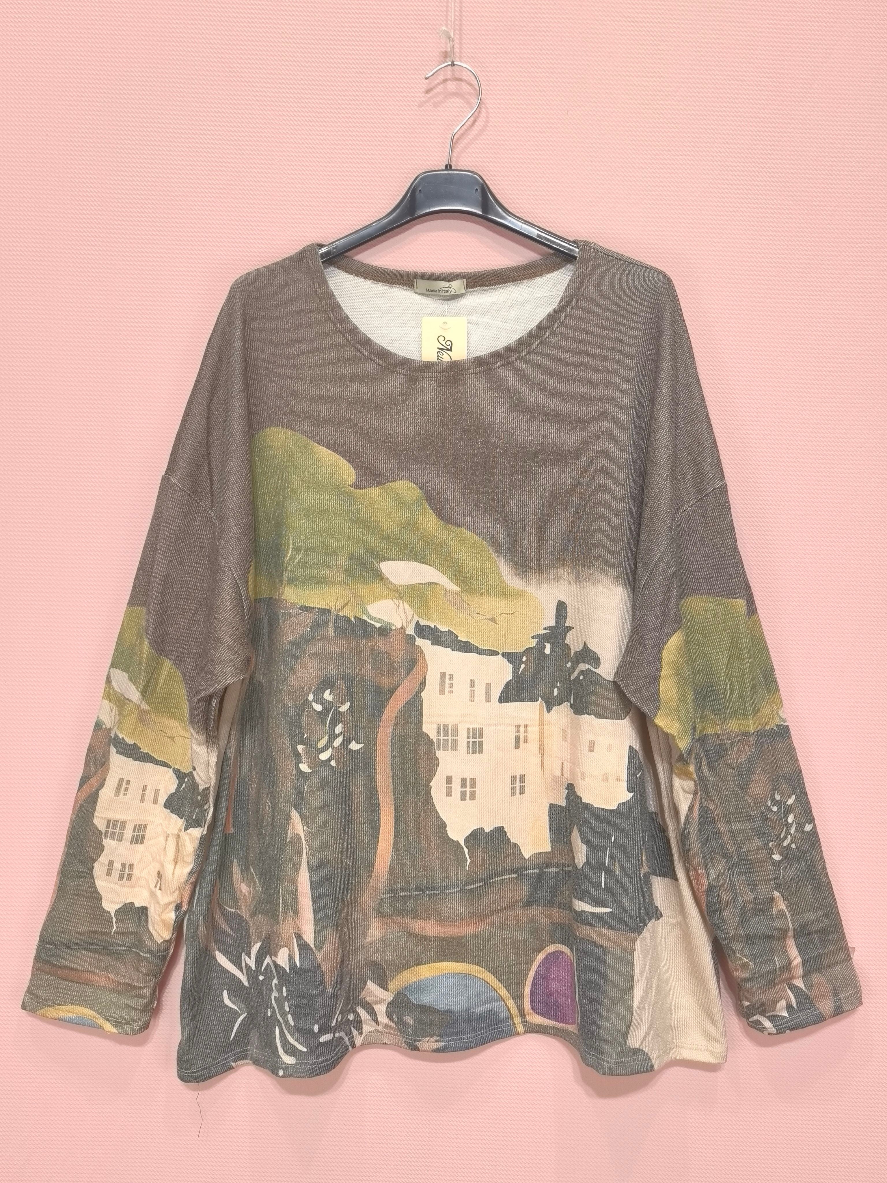 Pull léger à imprimé artistique – coupe ample, col rond (x6)