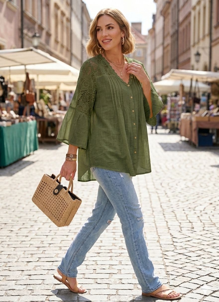 tunique ample de style bohème-chic en dentelle florale et tissu gaufré(x6)