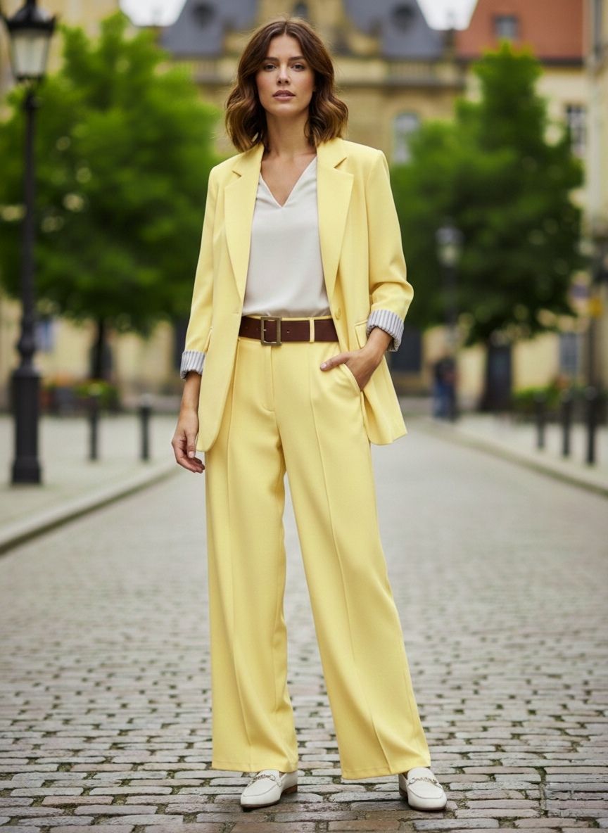 Un Tailleur-Pantalon Coupe Large. 
Blazer Avec Un Bouton Doré Et Pantalon Avec Ceinture. La Doublure À Rayures (x4)