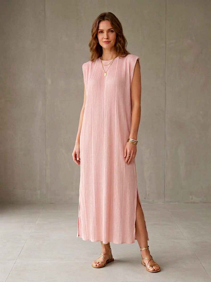 Robe longue plissée avec épaulettes col Élastiqué(x8)