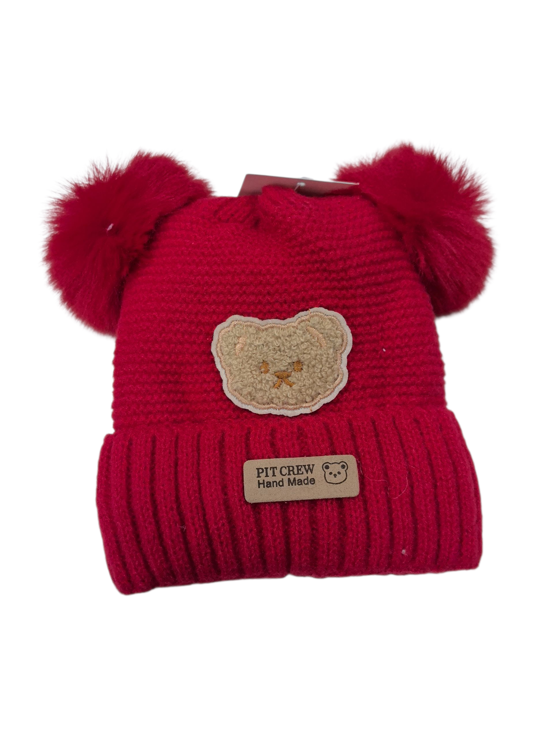 Bonnet double pompon motif ours  (x12)