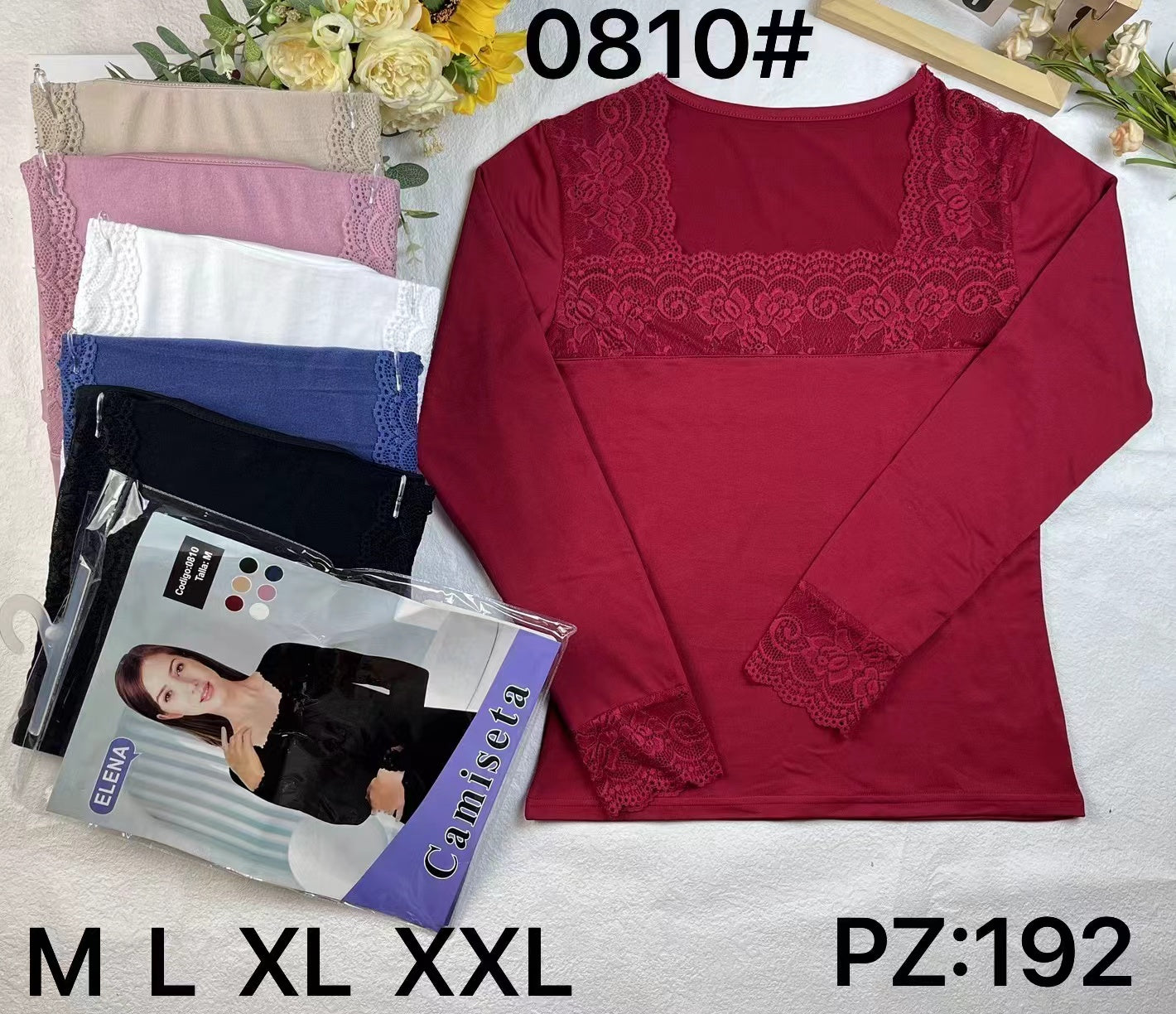 Haut thermique à manche longue en dentelle couleur mélange (x12)