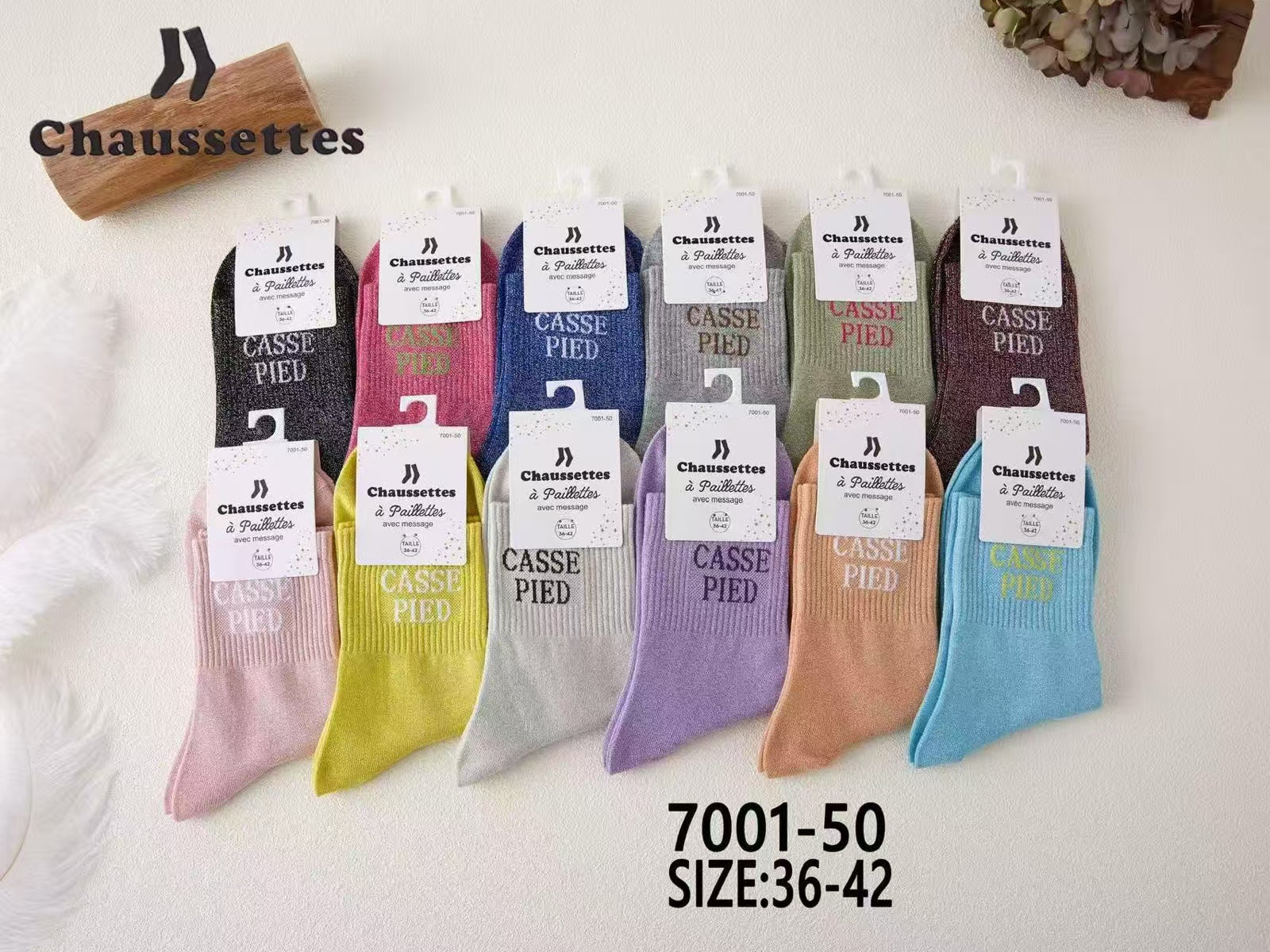 chaussette paillettes avec message(×12)7001