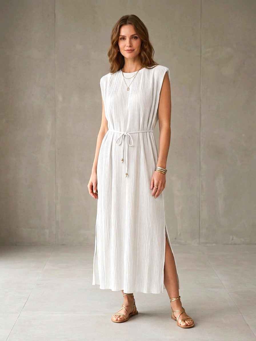 Robe longue plissée avec épaulettes col Élastiqué(x8)