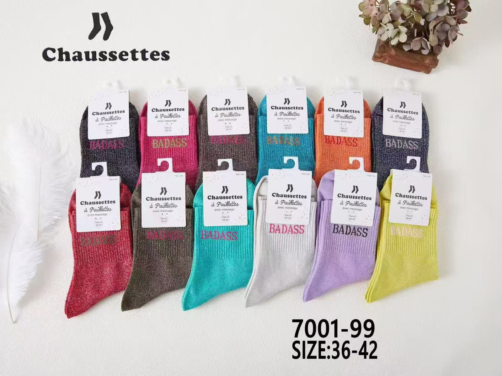 chaussette paillettes avec message(×12)7001