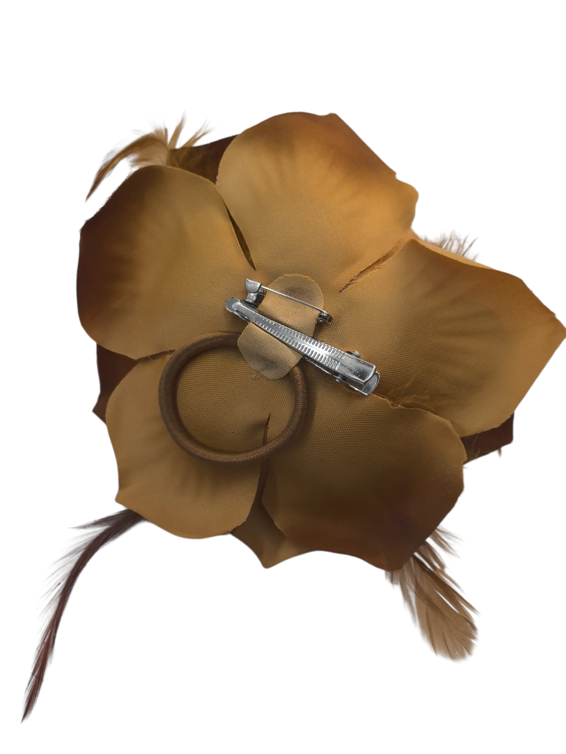 Barrette fleur avec plumes – épingle de corsage + élastique + pince (x12)